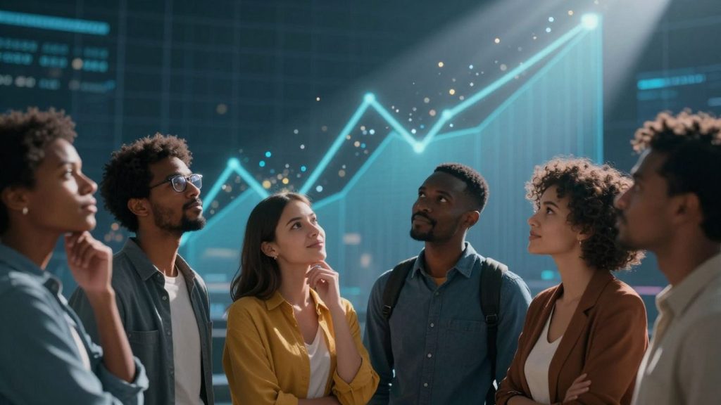 People looking at a bright, abstract digital landscape with upward trends.