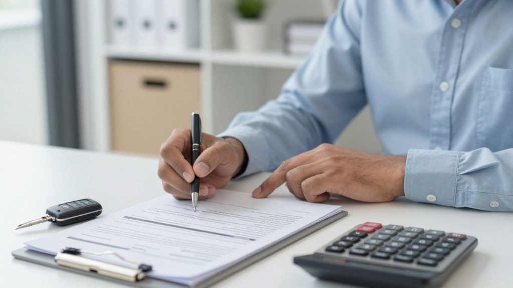 Person reviewing car insurance documents with car key.