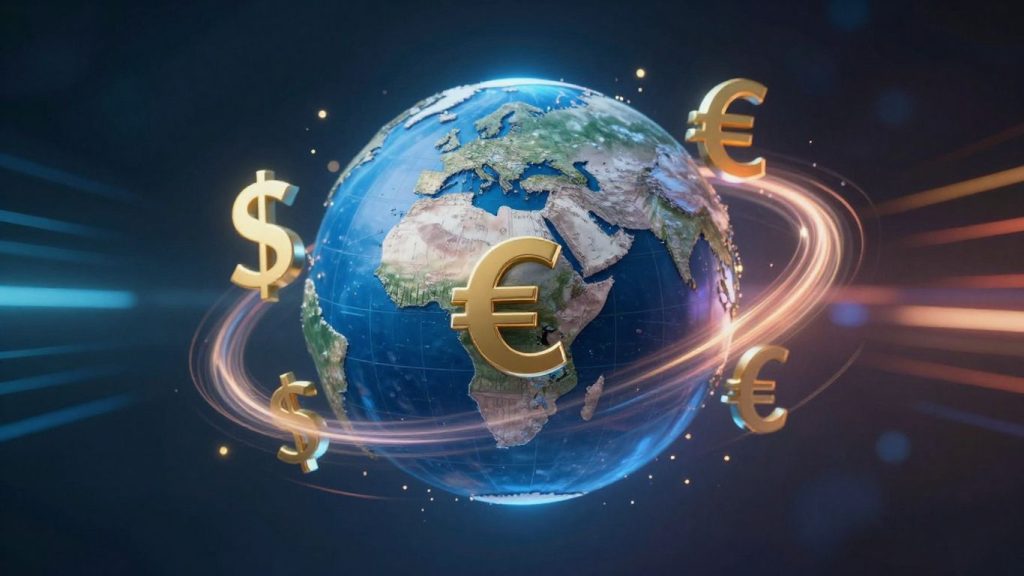 Forex trading concept with globe and currency symbols.