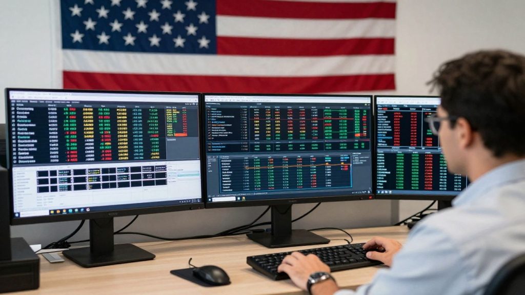 Photographic office with forex trading monitors and US flag.