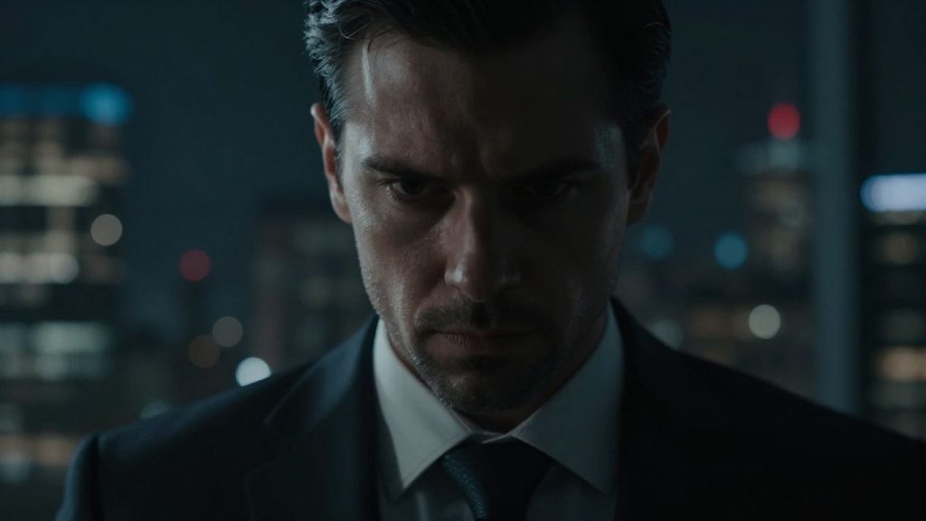 Man in suit, intense expression, city at night.