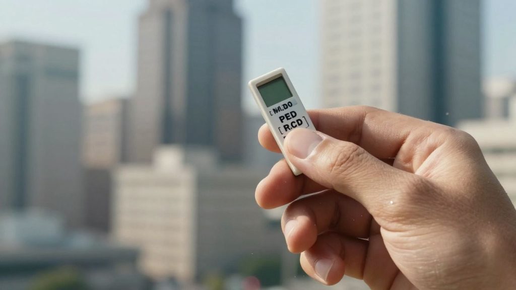 Hand holding stock ticker with financial district background.