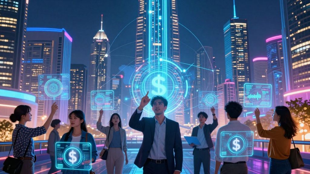 Futuristic cityscape with digital streams and holographic interfaces.