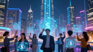 Futuristic cityscape with digital streams and holographic interfaces.