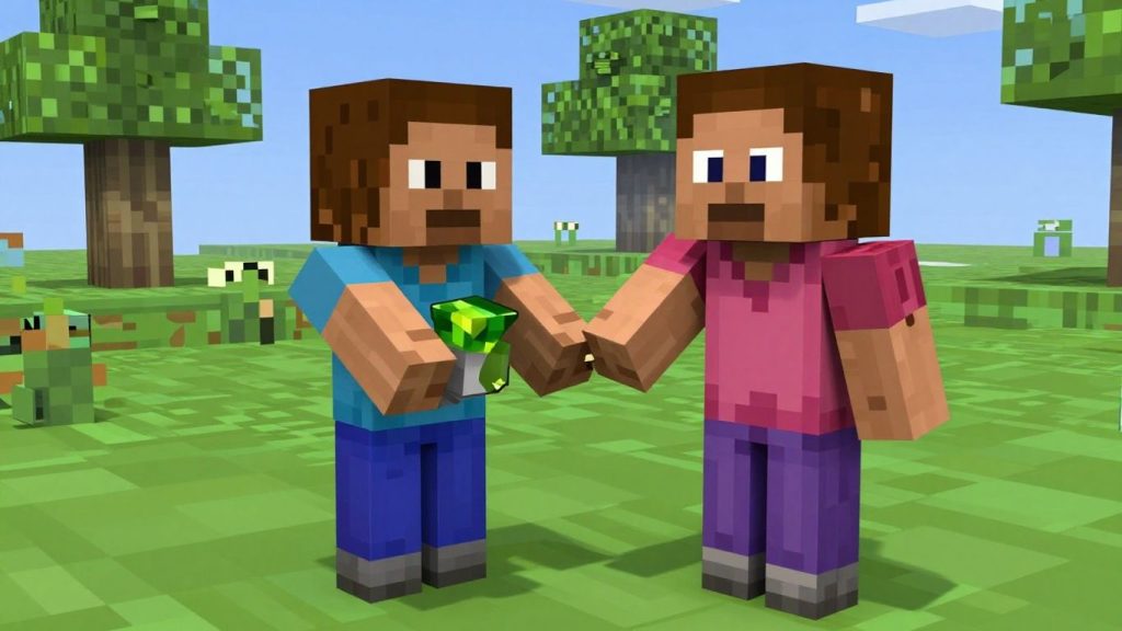 Minecraft villager trading emeralds with a player.