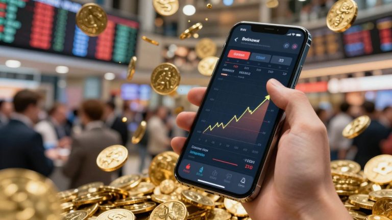 Stock market app on a smartphone with financial data.