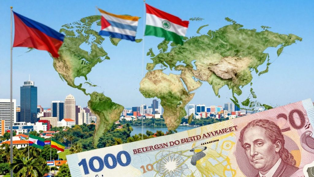 Global currency market with flags and cityscapes.