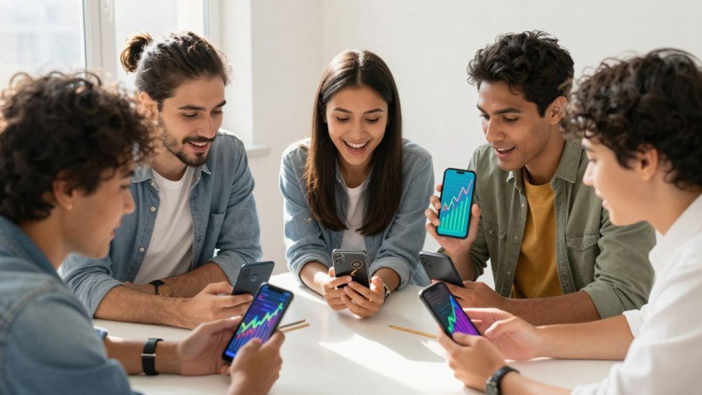 Beginners investing in stocks using mobile apps.