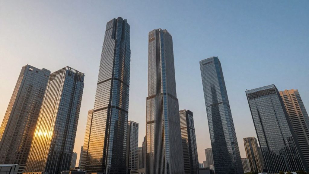 Futuristic cityscape with upward trajectory