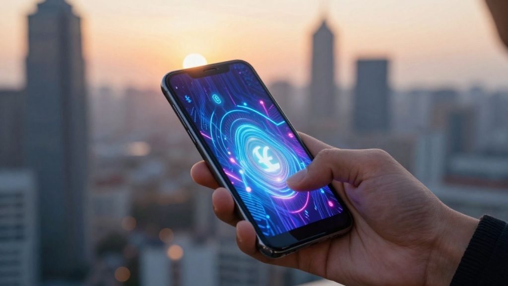 Smartphone displaying trading app with glowing financial symbols.