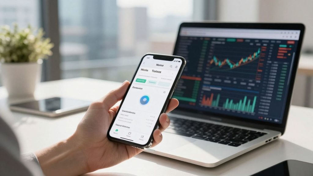 Modern desk with trading interface and stock market app.