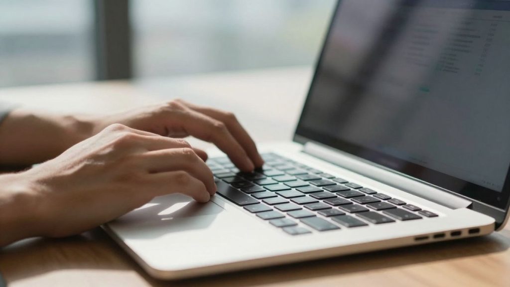 Hands on laptop, day trading, risk-free demo account