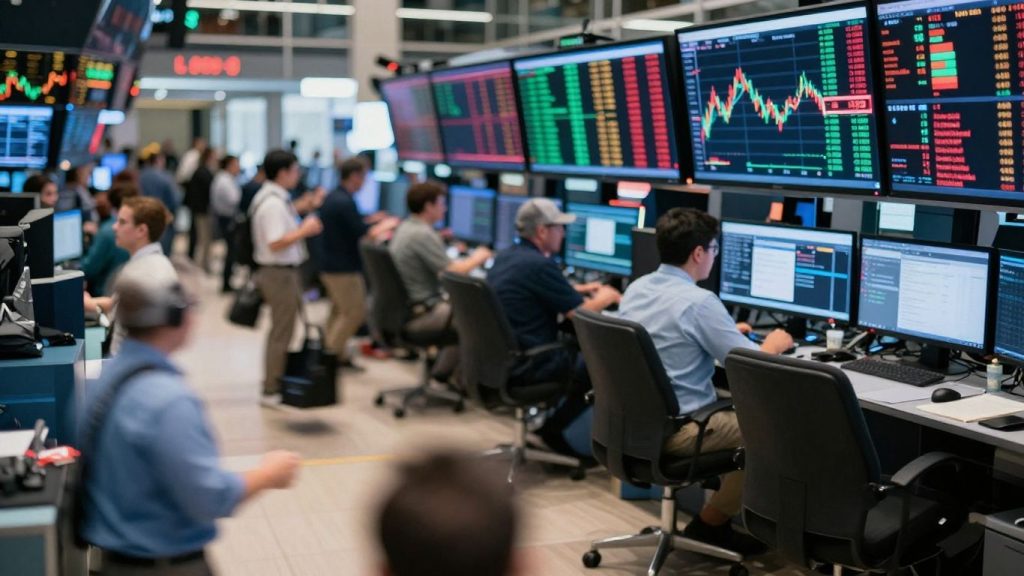 Stock market floor with traders in action.