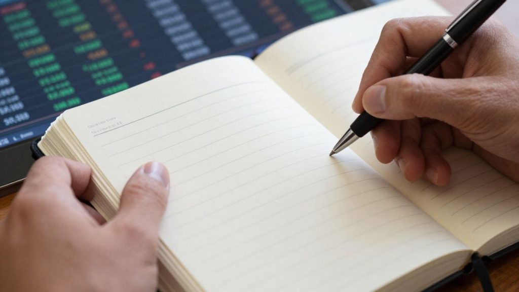 Forex trading journal template with pen and notebook.