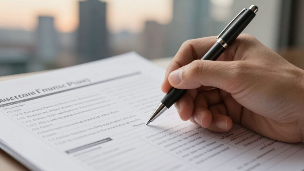 Forex trading plan document with pen and cityscape.