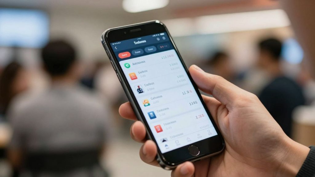 Hands holding a smartphone with a trading app.