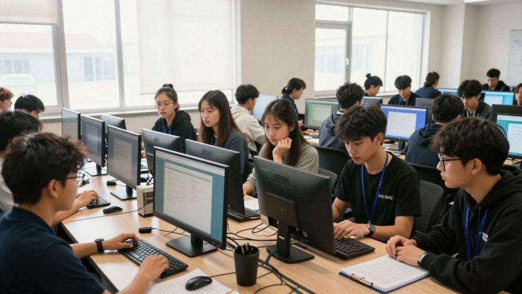 Students learning in a bright, modern trading academy.