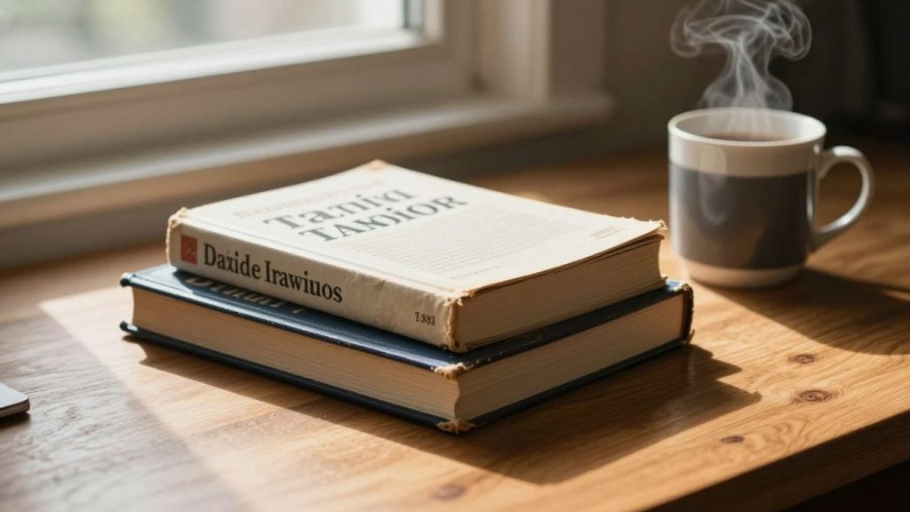 Stack of trading books on a desk with coffee.