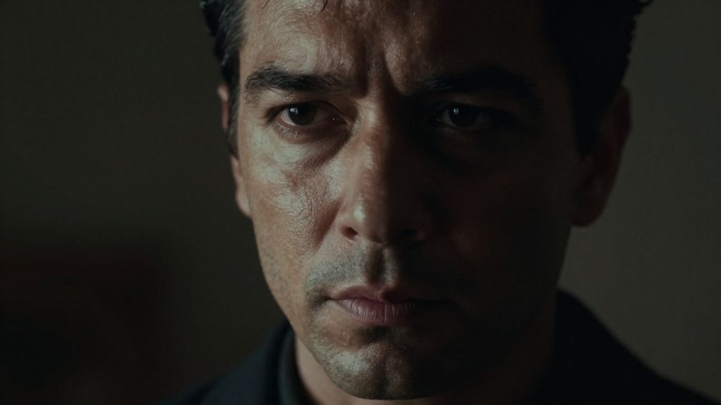 Intense close-up of a man's face in a dark, dramatic scene.