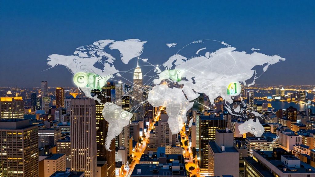 Global currency exchange, financial hubs, trading.