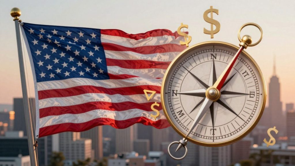 Forex trading in USA with flag and cityscape.