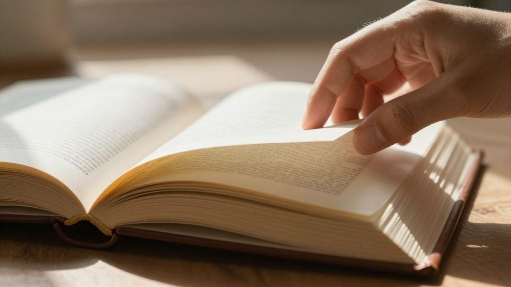 Open trading book with a hand turning a page.