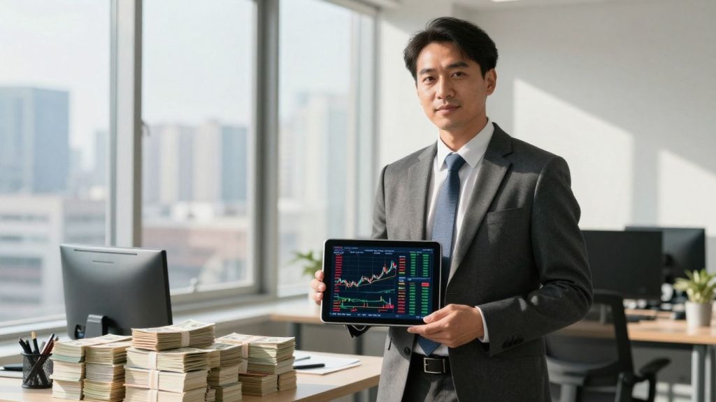 Stockbroker in office with financial data.