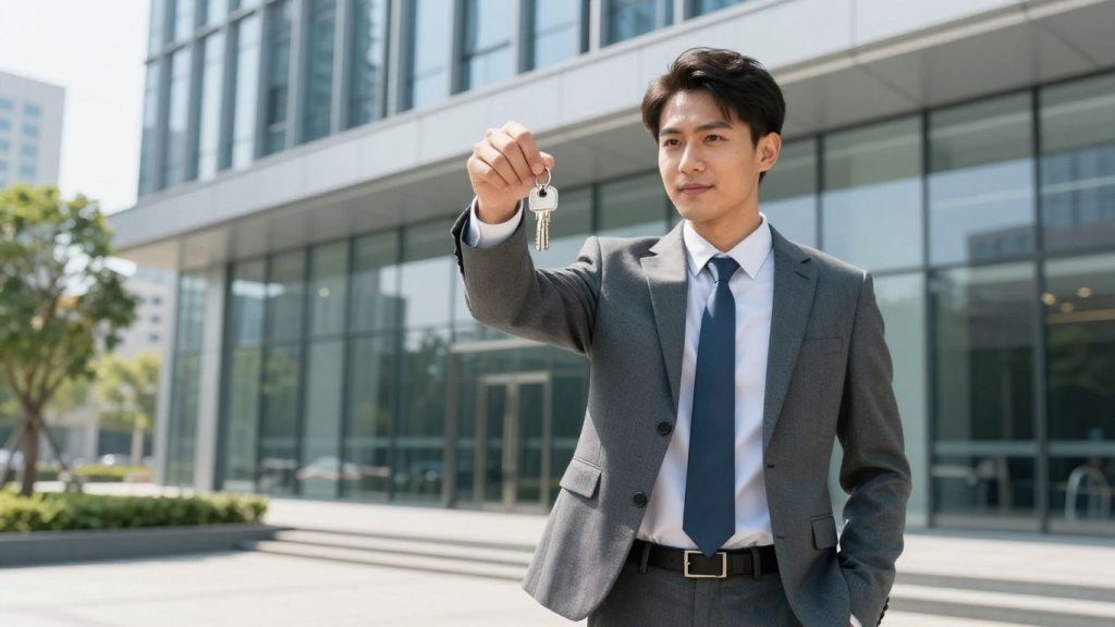 Real estate broker holding keys in front of office building.