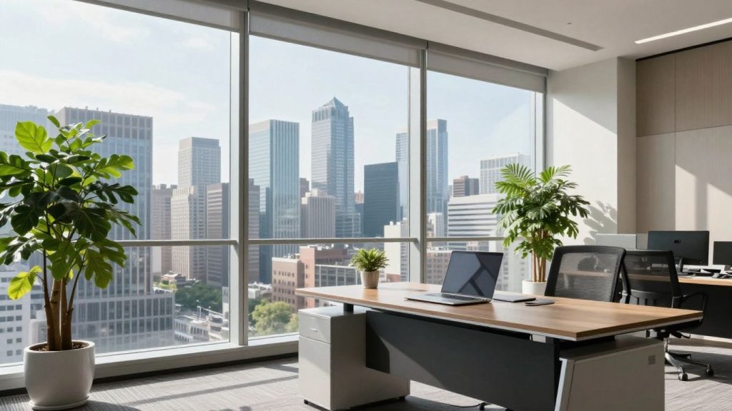 Modern office with city view, symbolizing investment success.
