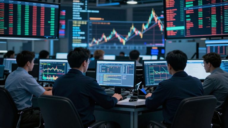 Trader focused on screens, financial data streams.