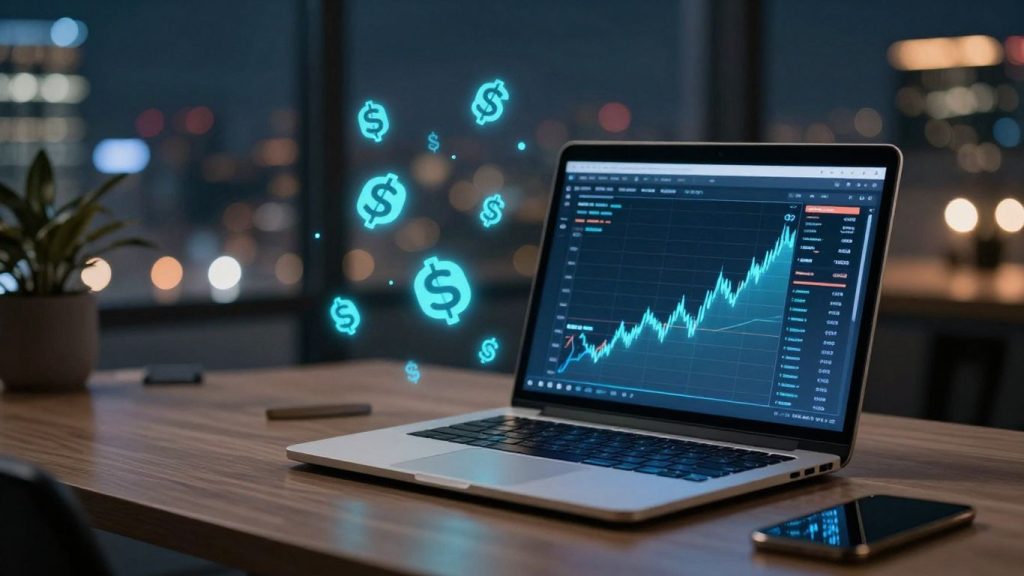 Forex trading desk with glowing currency symbols.