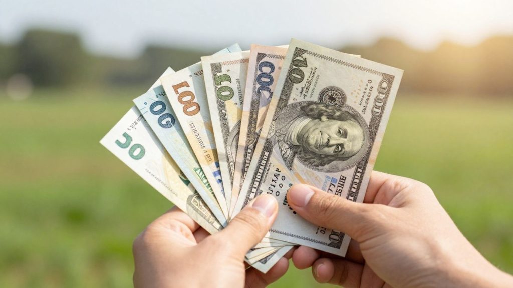 Hand holding money with natural landscape background.