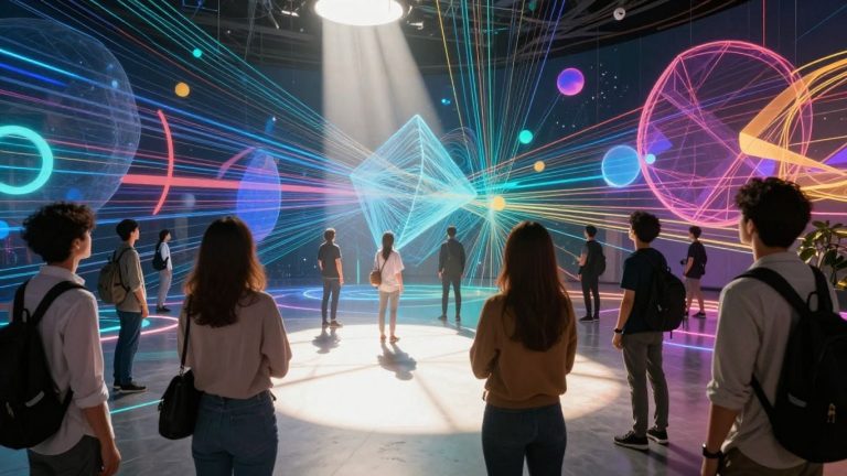 People observing a futuristic digital landscape.