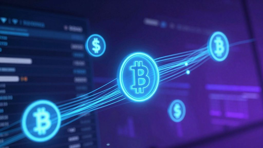 Digital cryptocurrency trading platform with glowing icons.