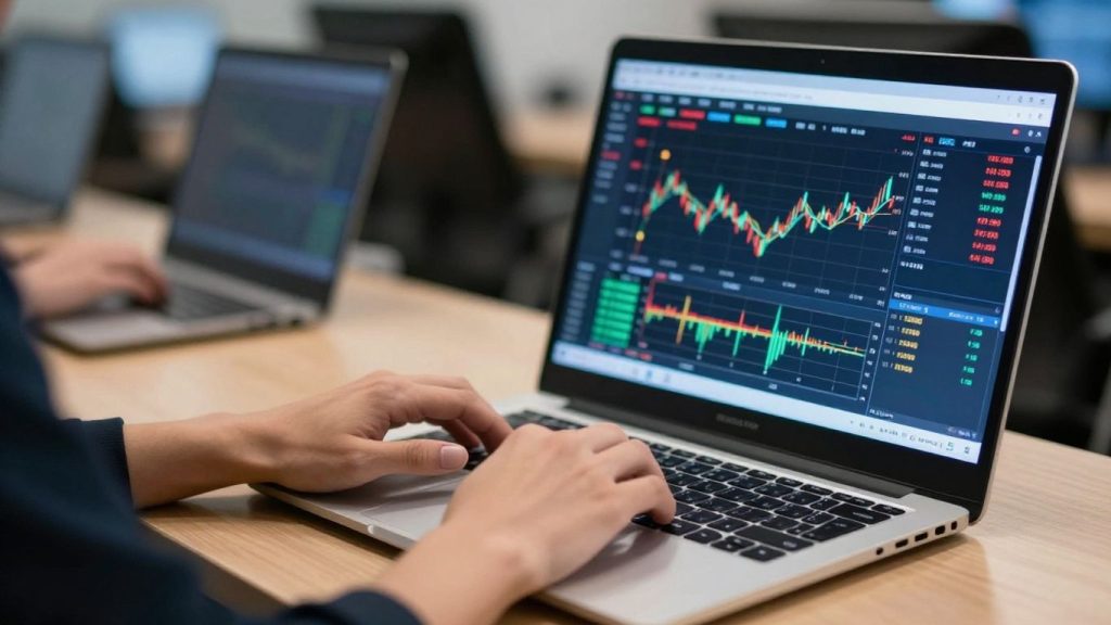 Trading desk with laptop and financial chart.