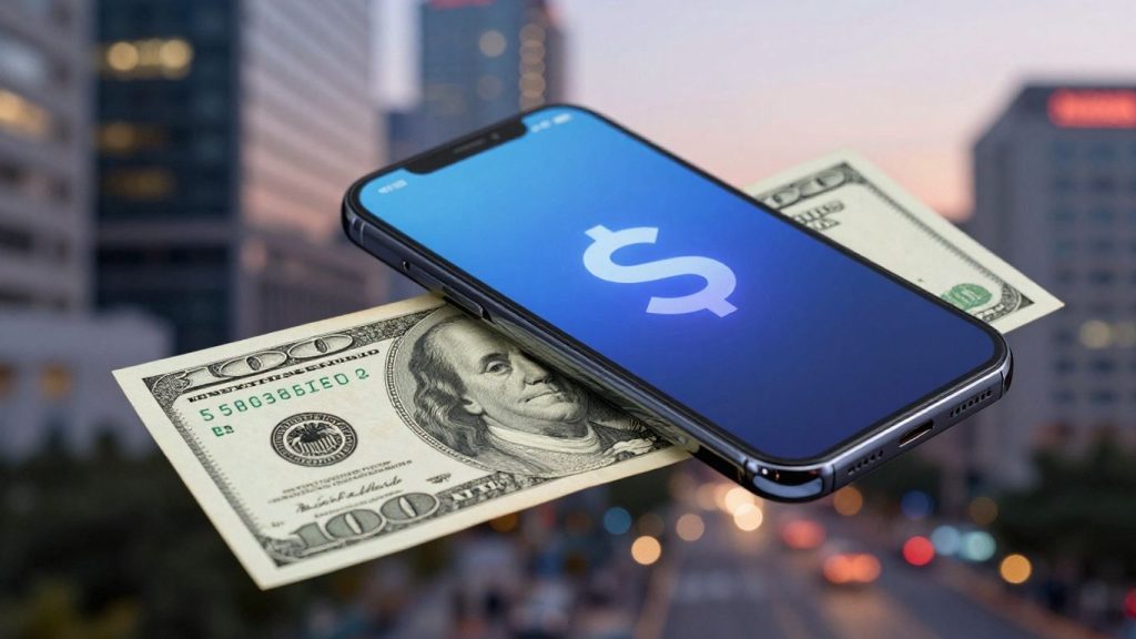 US dollar bill and smartphone with currency symbols.