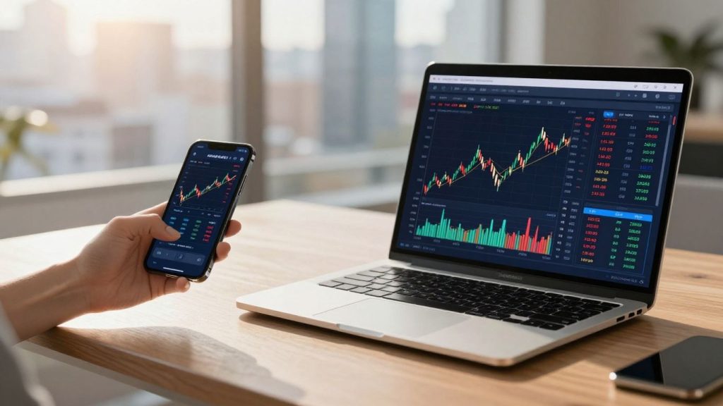 Modern desk with laptop and smartphone showing financial data.