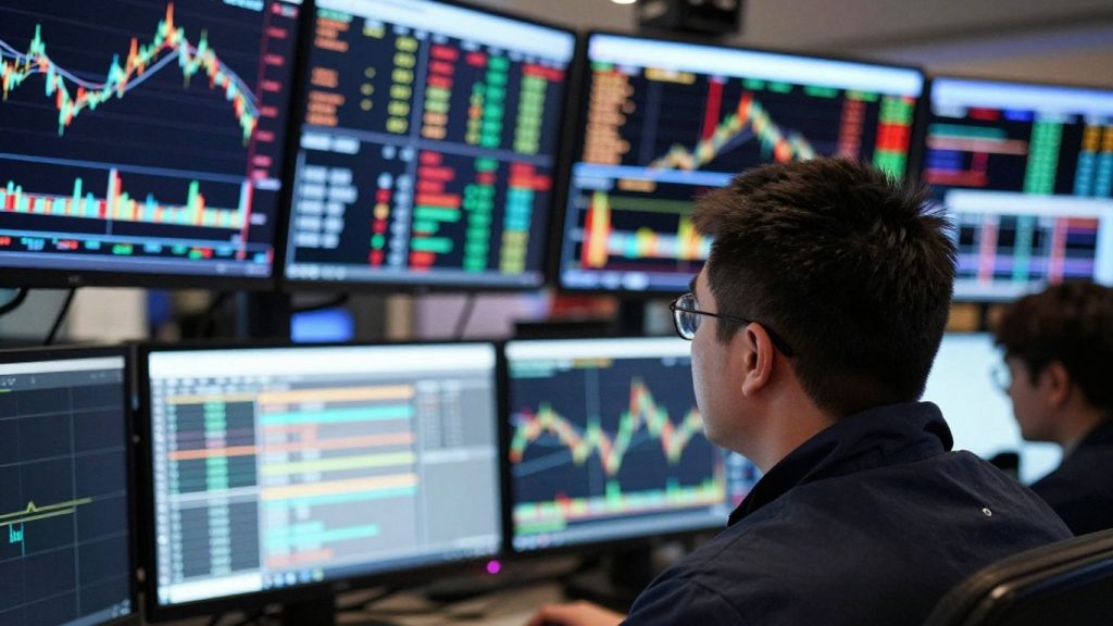 Day trading screens and trader in action.