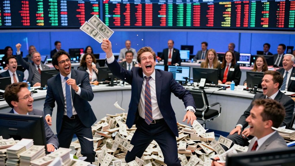 Traders laughing on a stock market floor