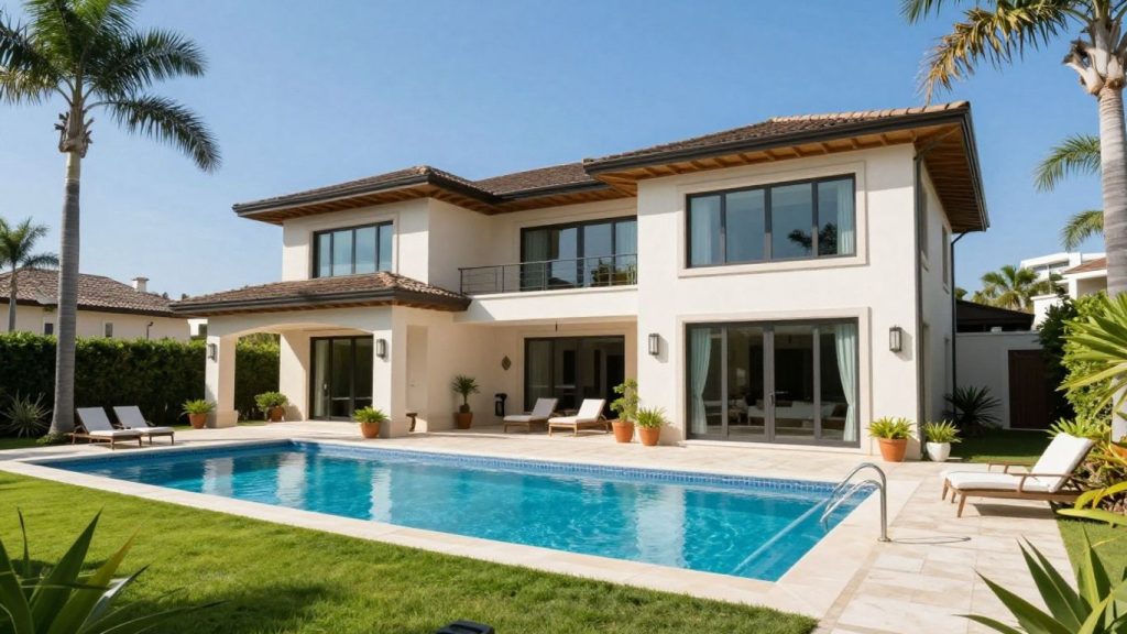 Luxurious Las Vegas home with pool and palm trees.