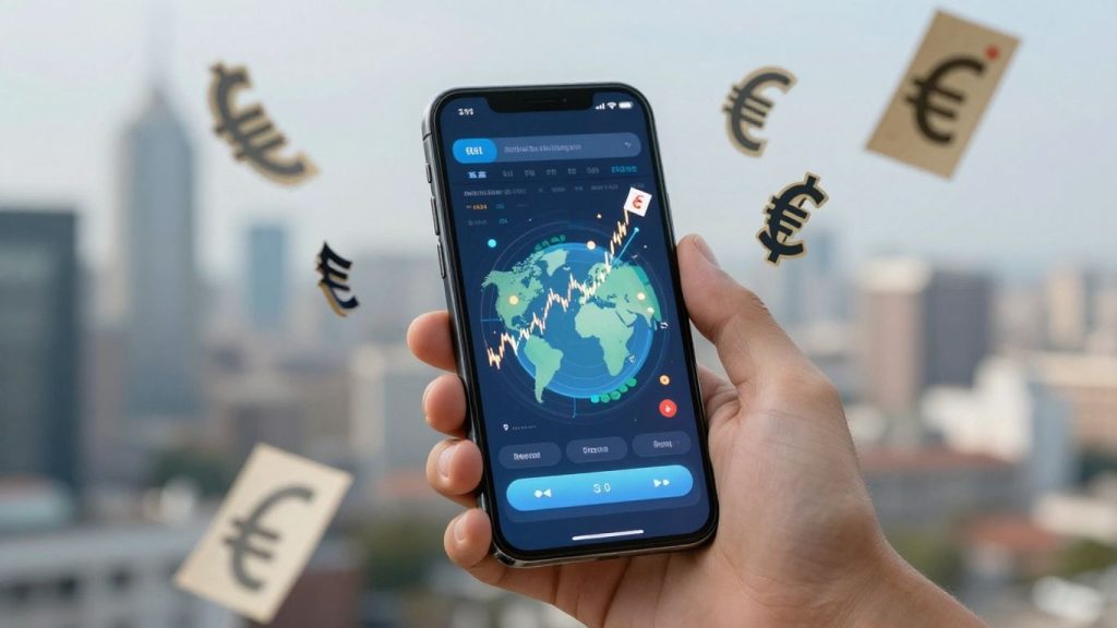Forex trading on a smartphone with currency symbols.