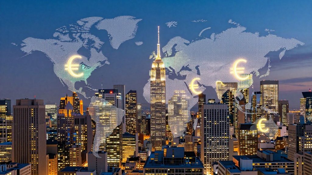 Global city skylines with glowing currency symbols.