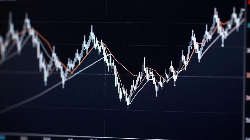 Financial trading chart with ascending and descending lines.