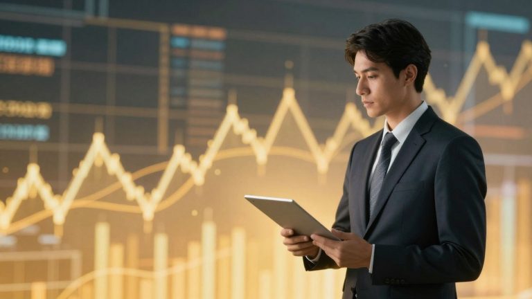 Investor analyzing abstract financial market patterns with golden light.