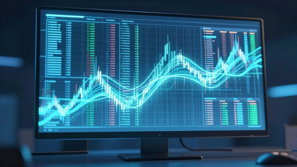 Automated trading interface with glowing financial data streams.