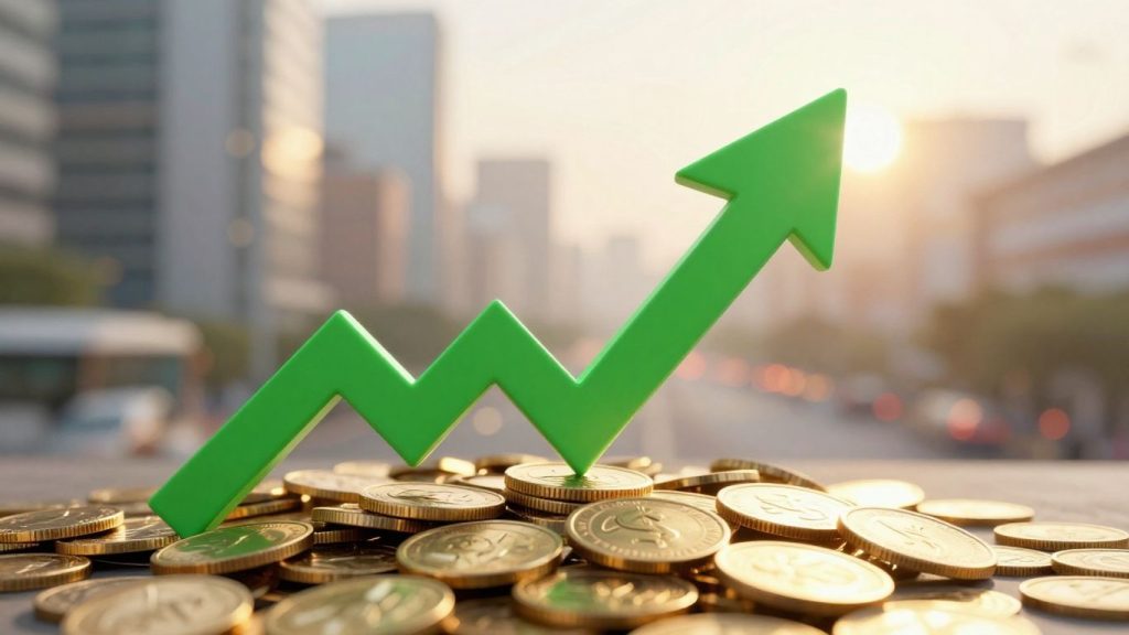 Upward stock arrow with coins and city lights.