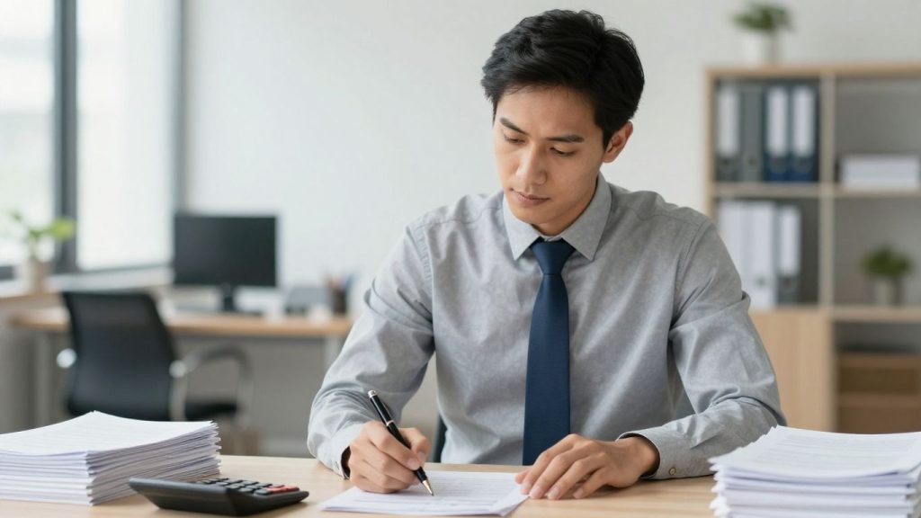 Mortgage broker with documents and calculator.