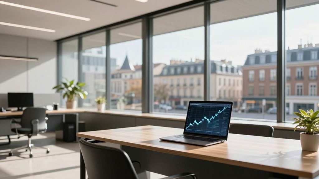 Interactive Brokers Europe trading office with city view.