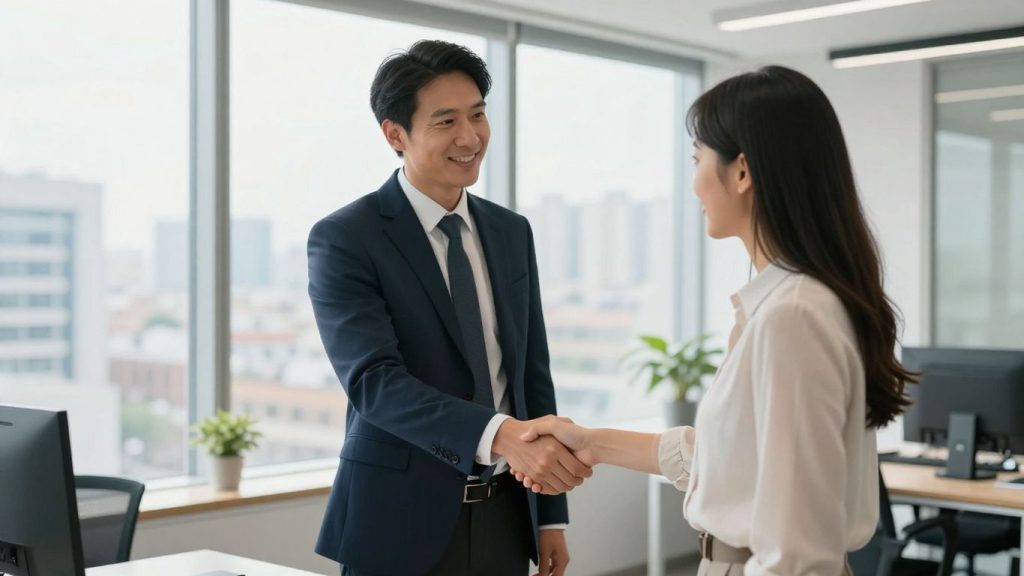 Real estate agent shaking hands with client in office.