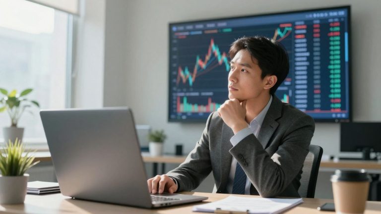 Trader looking at abstract financial market display.